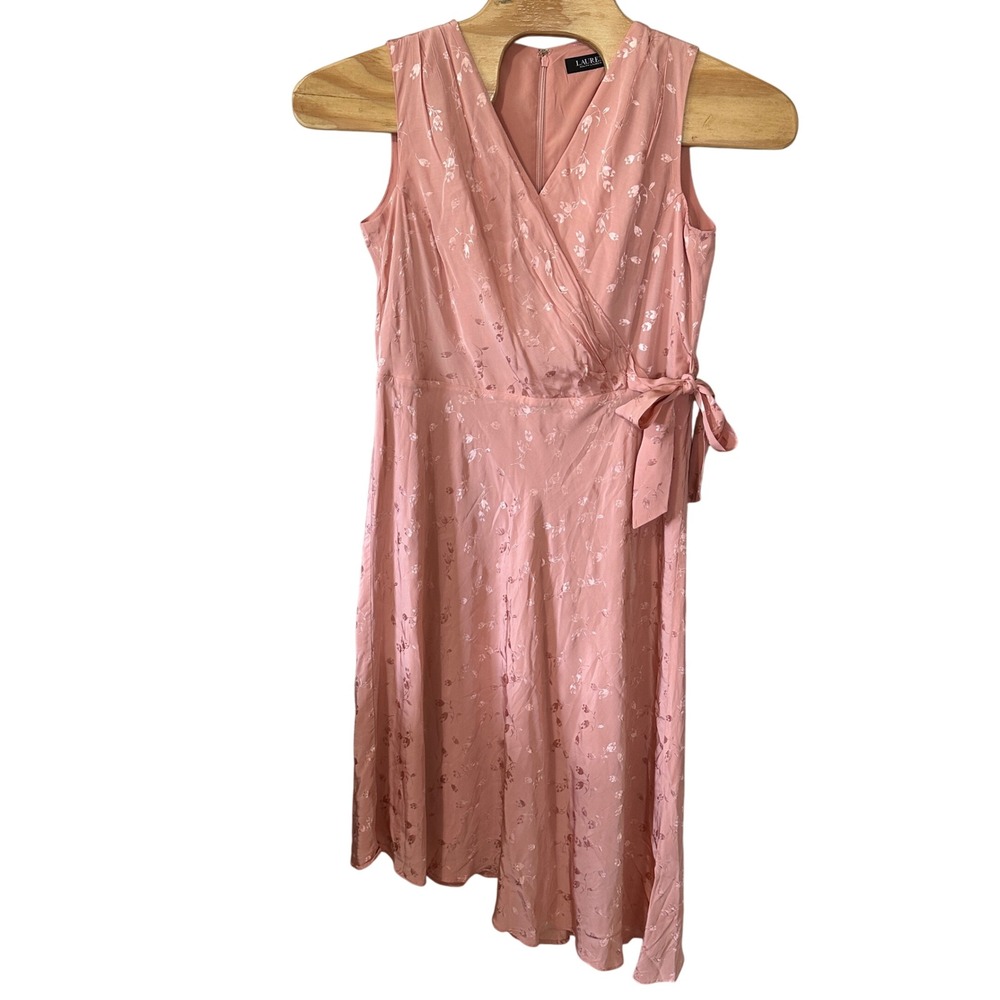 Lauren Ralph Lauren Pink Floral Midi Dress Asymmetrical Hem Faux Wrap Size 16‎